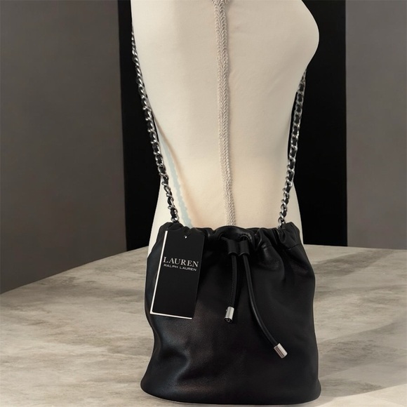 Lauren Ralph Lauren Black Leather Bucket Bag with Silver Hardware | New with Tag - Picture 1 of 12